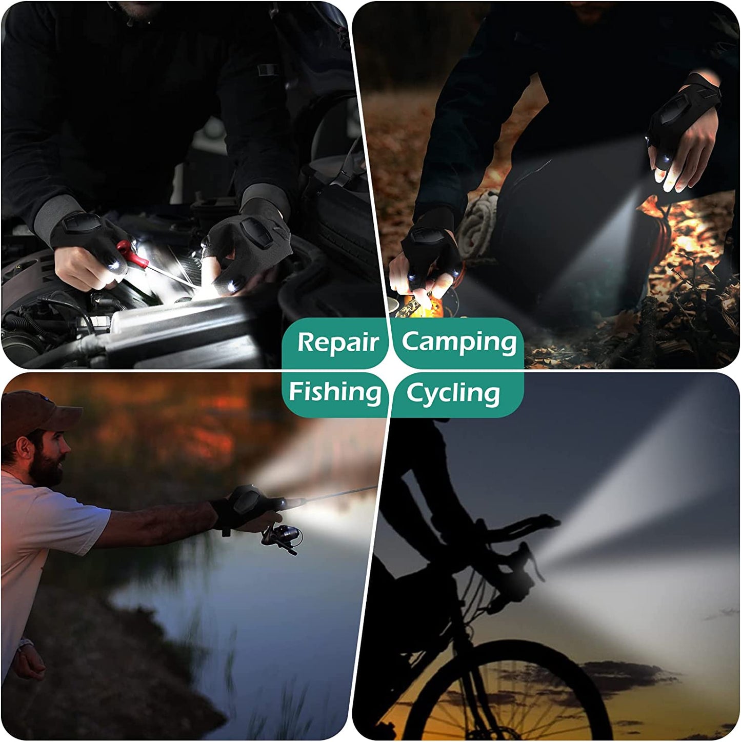 1 Pair Rechargeable LED Flashlight Gloves, USB Hands Free Lights Gloves Gadget for Men Women Fishing Camping Hiking Repair Gifts for Man Husband Light Fingerless Outdoor Fishing Gloves